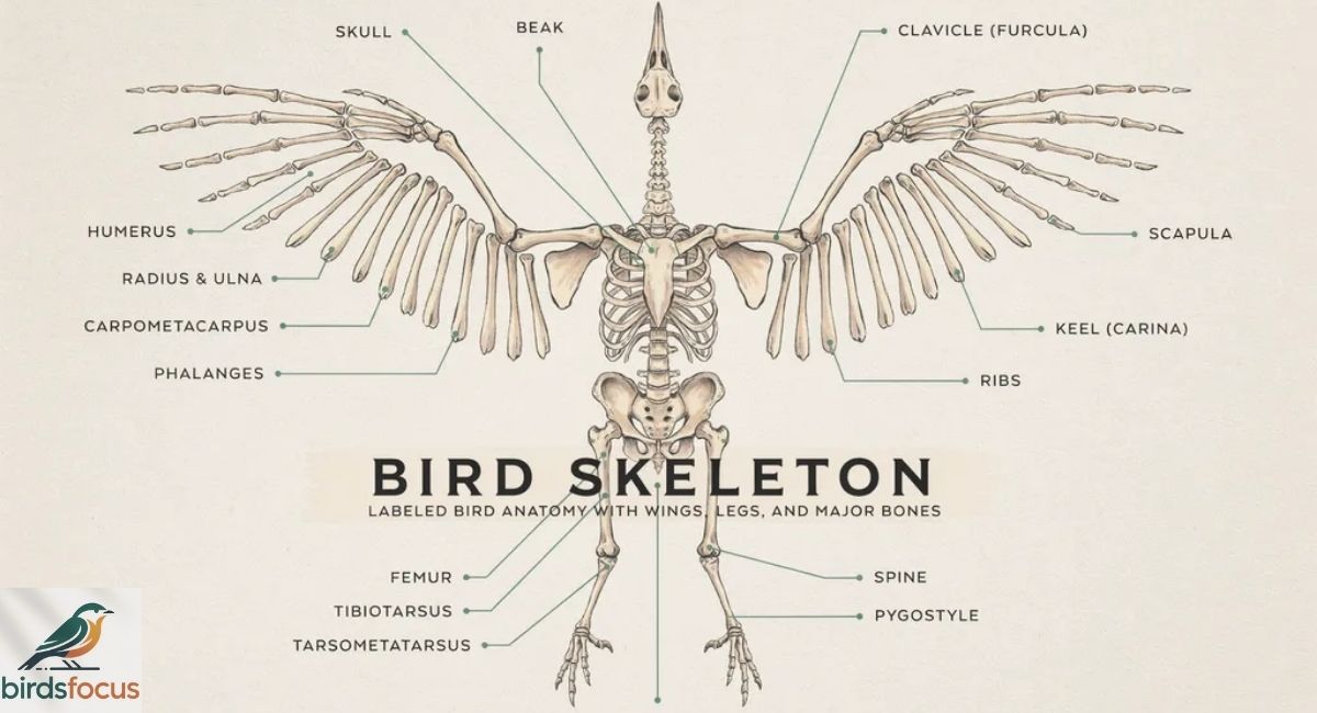 Full bird skeleton labeled with skull, beak, clavicle (furcula), scapula, keel (carina), ribs, humerus, radius/ulna, carpometacarpus, phalanges, femur, tibiotarsus, tarsometatarsus, spine, and pygostyle.