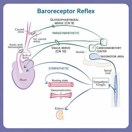 Baroreceptor reflex pathway: carotid sinus and aortic arch baroreceptors send afferent signals via the glossopharyngeal nerve (CN9, parasympathetic) and vagus nerve (CN10, parasympathetic) to the medulla’s cardioinhibitory center and vasomotor area; sympathetic output travels via sympathetic ganglia to the heart (increasing rate/contractility) and to blood vessels/kidneys (vasoconstriction)