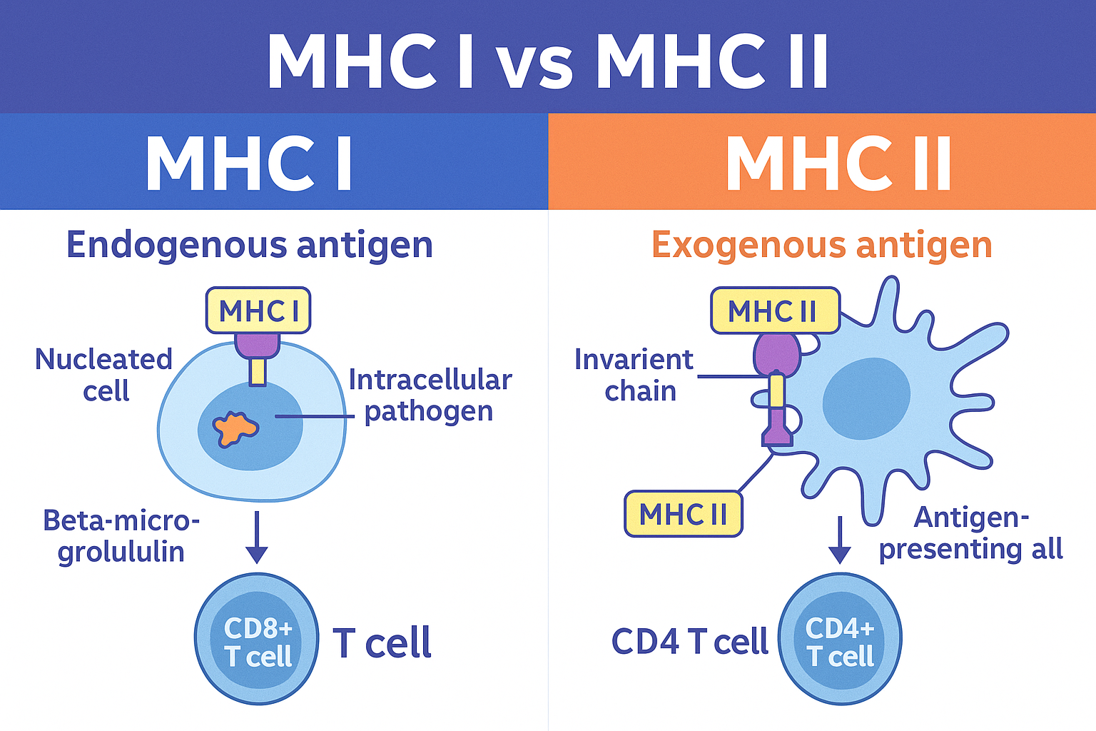 MHC class I vs. class II side by side: MHC class I displays an endogenous (intracellular pathogen-derived) antigen on any nucleated cell and is recognized by CD8+ T cells; MHC class II displays an exogenous (phagocytosed/endocytosed) antigen only on antigen-presenting cells and is recognized by CD4+ T cells