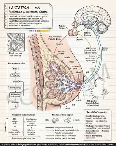Lactation neuroendocrine control: suckling sensory nerves signal the hypothalamus, which drives both the anterior pituitary (prolactin release, milk production in alveolar cells) and the posterior pituitary (oxytocin release, myoepithelial cell contraction, milk ejection/let-down); a milk flow pathway diagram traces both hormones from brain to breast to nipple