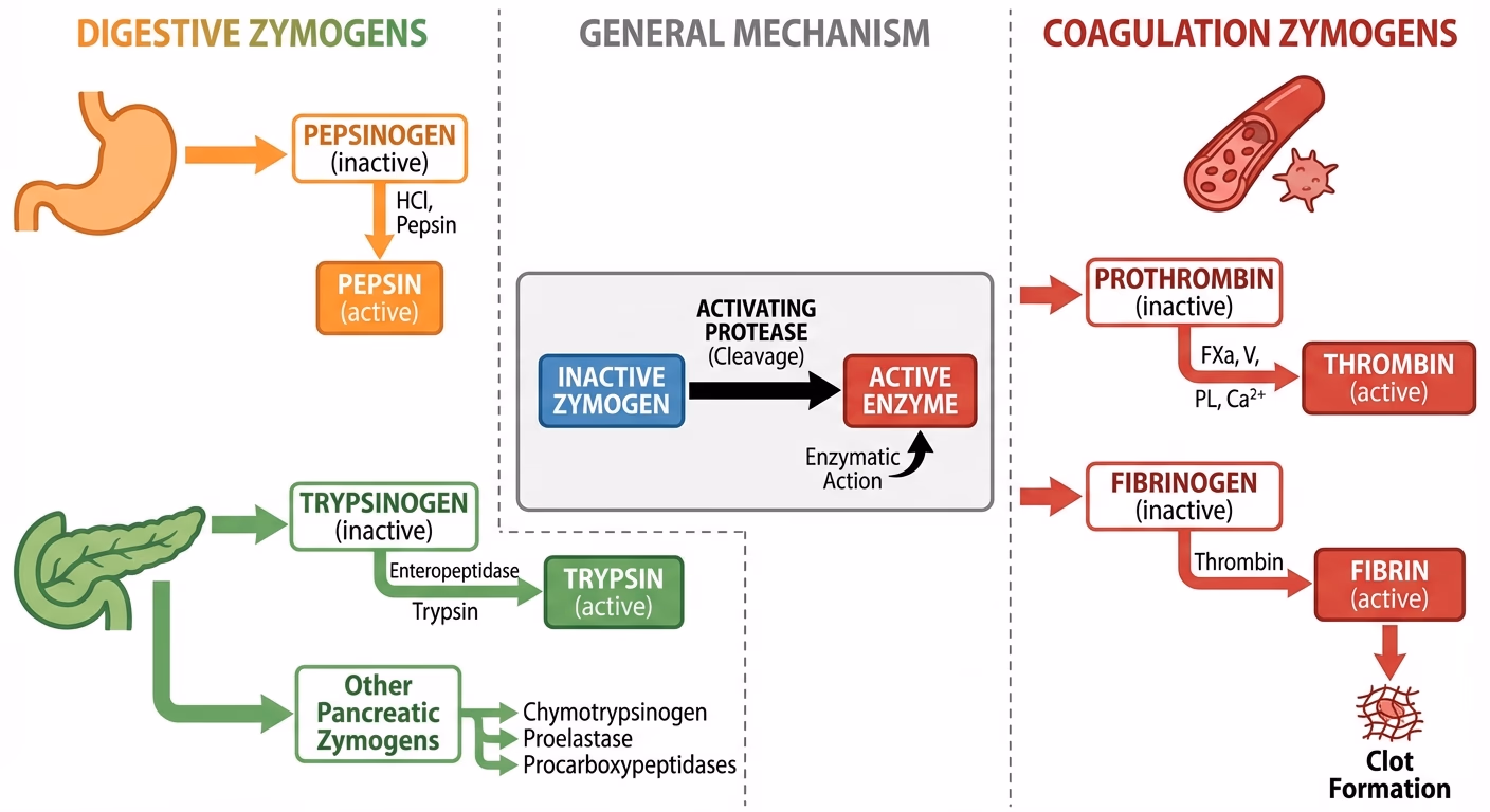 Digestive zymogen activation: pepsinogen to pepsin (via HCl and pepsin autocatalysis) in the stomach; trypsinogen to trypsin (via enteropeptidase) in the pancreas/duodenum, plus other pancreatic zymogens (chymotrypsinogen, proelastase, procarboxypeptidases); a general inactive-zymogen-to-active-enzyme mechanism panel; and a coagulation-zymogen analogy (prothrombin/fibrinogen) showing the same activation logic outside digestion