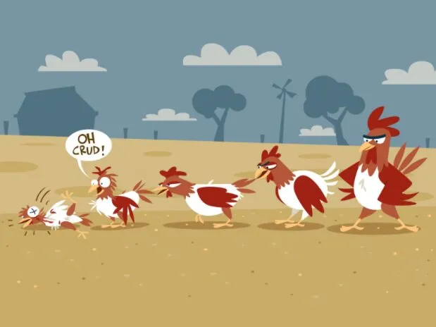Illustrated cartoon of five chickens in a line from largest/most dominant (rear) to smallest (front), each pecking or chasing the one ahead of it, illustrating the “pecking order” concept as a literal chain of aggression down a ranking.