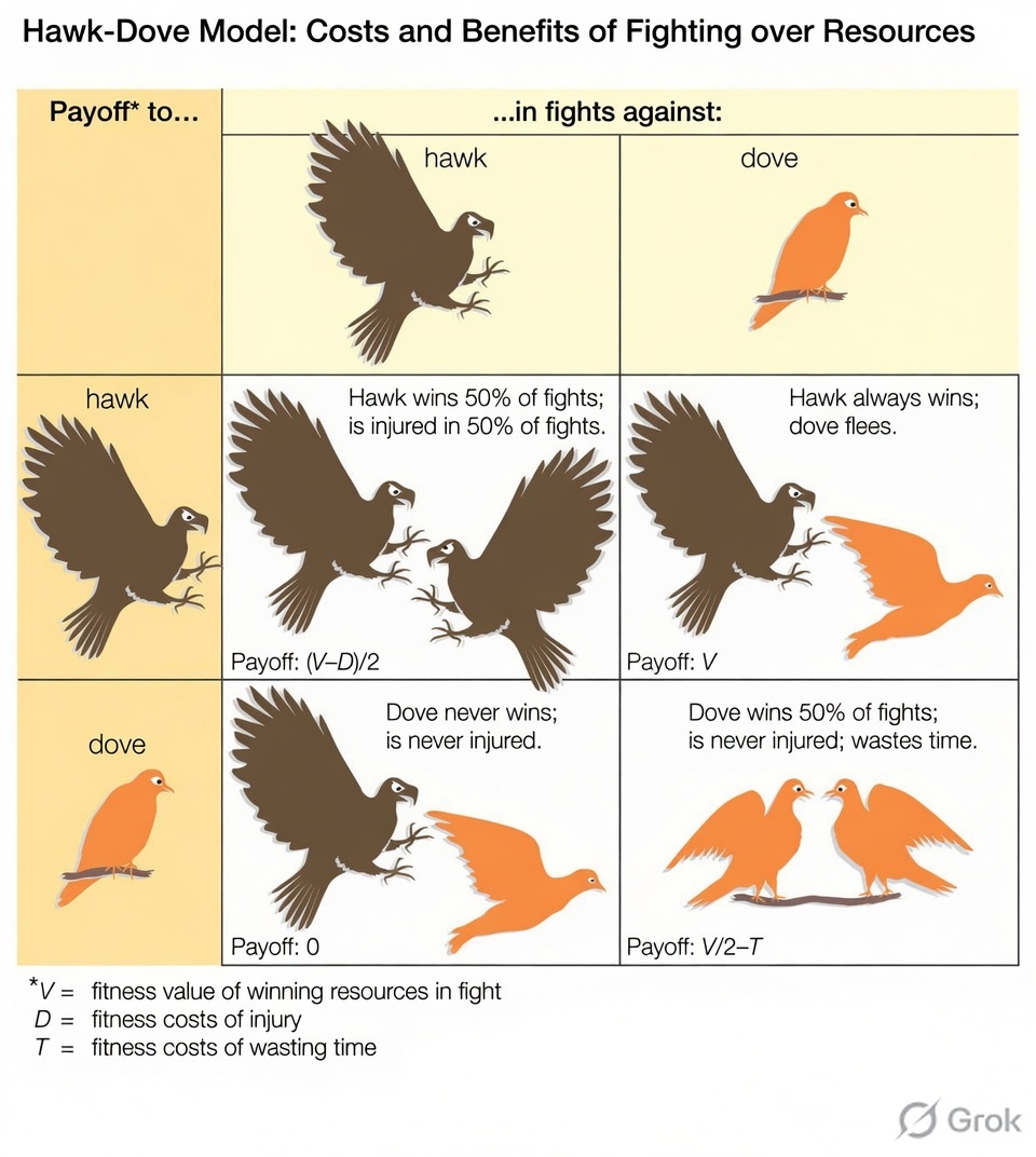 Hawk-dove payoff matrix table: hawk-vs-hawk (wins 50% of fights, injured 50%, payoff (V−D)/2), hawk-vs-dove (hawk always wins, payoff V; dove flees, payoff 0), dove-vs-dove (wins 50%, never injured but wastes time, payoff V/2−T), with V = value of the resource, D = cost of injury, T = cost of wasted time.