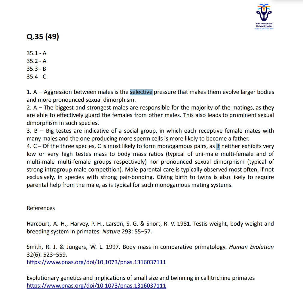 Official IBO 2023 answer key and reasoning for Q.35, citing Harcourt, Harvey, Larson & Short (1981) “Testis weight, body weight and breeding system in primates,” Nature 293 — the same foundational comparative-primatology paper underlying the chimpanzee-vs-gorilla testis-size claim in the text.