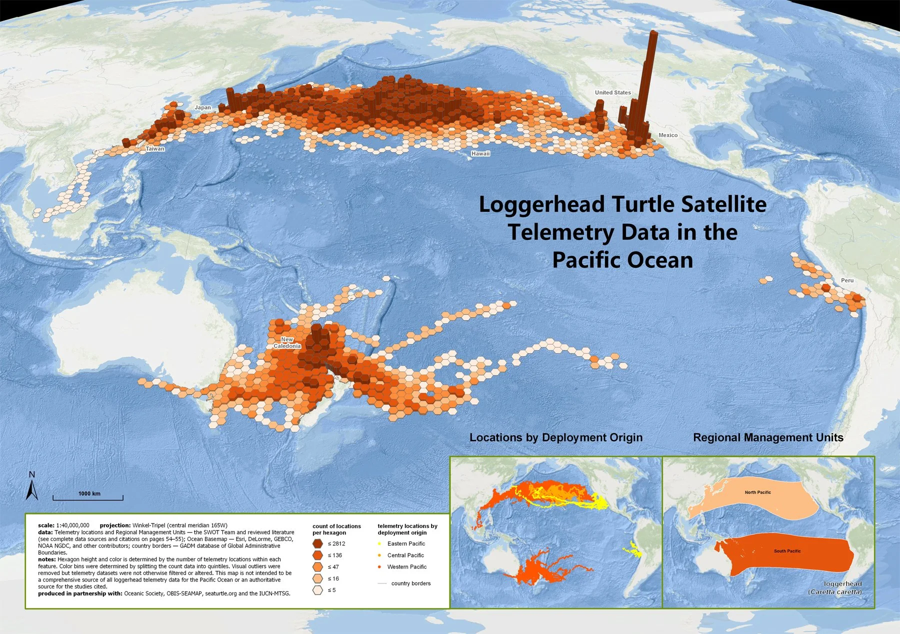 Map of loggerhead sea turtle satellite telemetry locations across the Pacific Ocean, density-shaded by hexagon, spanning from Japan/Taiwan across to the western United States/Mexico and a separate cluster around New Caledonia/Australia.