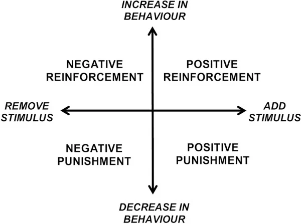 Reinforcement/punishment quadrant graphic: vertical axis “increase in behaviour” vs. “decrease in behaviour,” horizontal axis “remove stimulus” vs. “add stimulus,” with positive reinforcement, negative reinforcement, positive punishment, and negative punishment labeled in the four resulting quadrants.