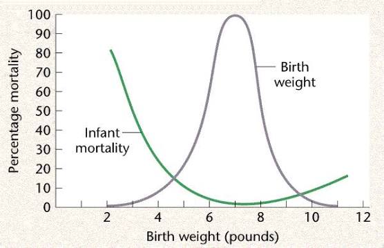 Classic Karn & Penrose (1951) human birth-weight data: a U-shaped infant mortality curve (green) is lowest at an intermediate birth weight of roughly 7–7.5 pounds, coinciding with the peak of the birth-weight frequency distribution (gray) — both very low and very high birth weights show sharply elevated mortality