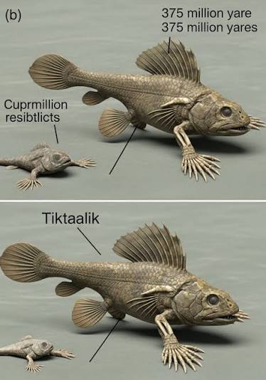 Two reconstructed Tiktaalik roseae individuals shown alongside a smaller ancestral sarcopterygian fish for scale, illustrating the animal’s mixed fish/tetrapod body plan — a flattened crocodile-like head, robust weight-bearing pectoral fins, and a scaled fish-like body and tail