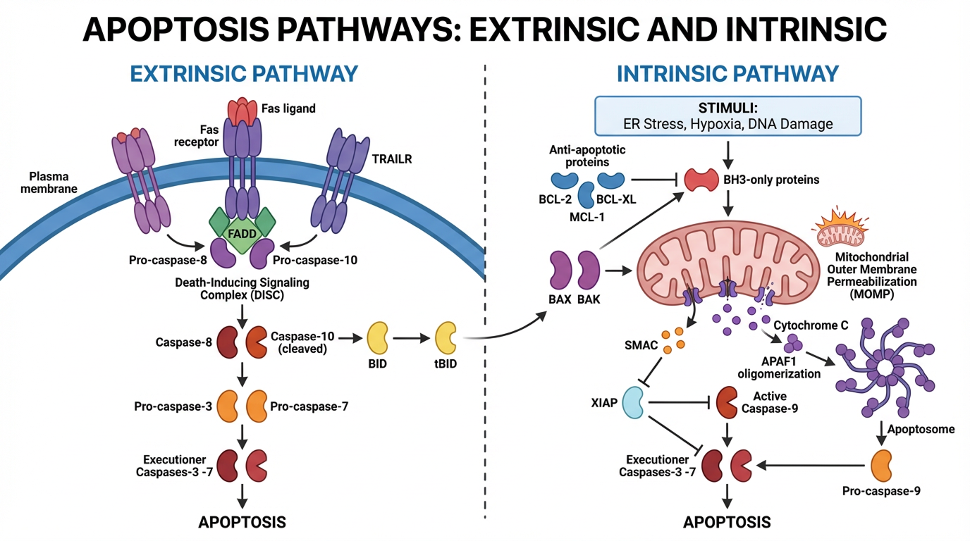 Extrinsic and intrinsic apoptosis pathways side by side: extrinsic pathway shows Fas ligand/TRAILR binding recruiting FADD, activating caspase-8/10; intrinsic pathway shows ER stress/hypoxia/DNA damage stimuli triggering BH3-only proteins, BAX/BAK-mediated mitochondrial outer membrane permeabilisation, cytochrome c release, and APAF1 apoptosome formation; both converge on executioner caspases-3/-7