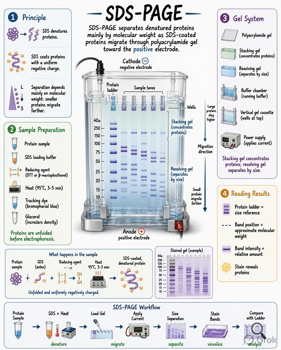 SDS-PAGE infographic: SDS denatures and uniformly negatively charges proteins, samples are loaded into wells above a stacking gel and resolving gel, current drives migration toward the anode with smaller proteins moving farther, and band position is compared against a protein ladder to estimate molecular weight