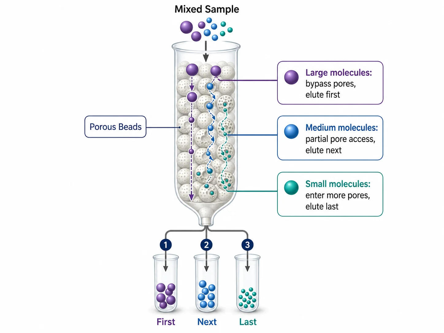 Size-exclusion chromatography schematic: a mixed sample of large, medium, and small molecules enters a column packed with porous beads; large molecules bypass the pores and elute first, medium molecules partially enter pores and elute next, small molecules enter the most pores and elute last