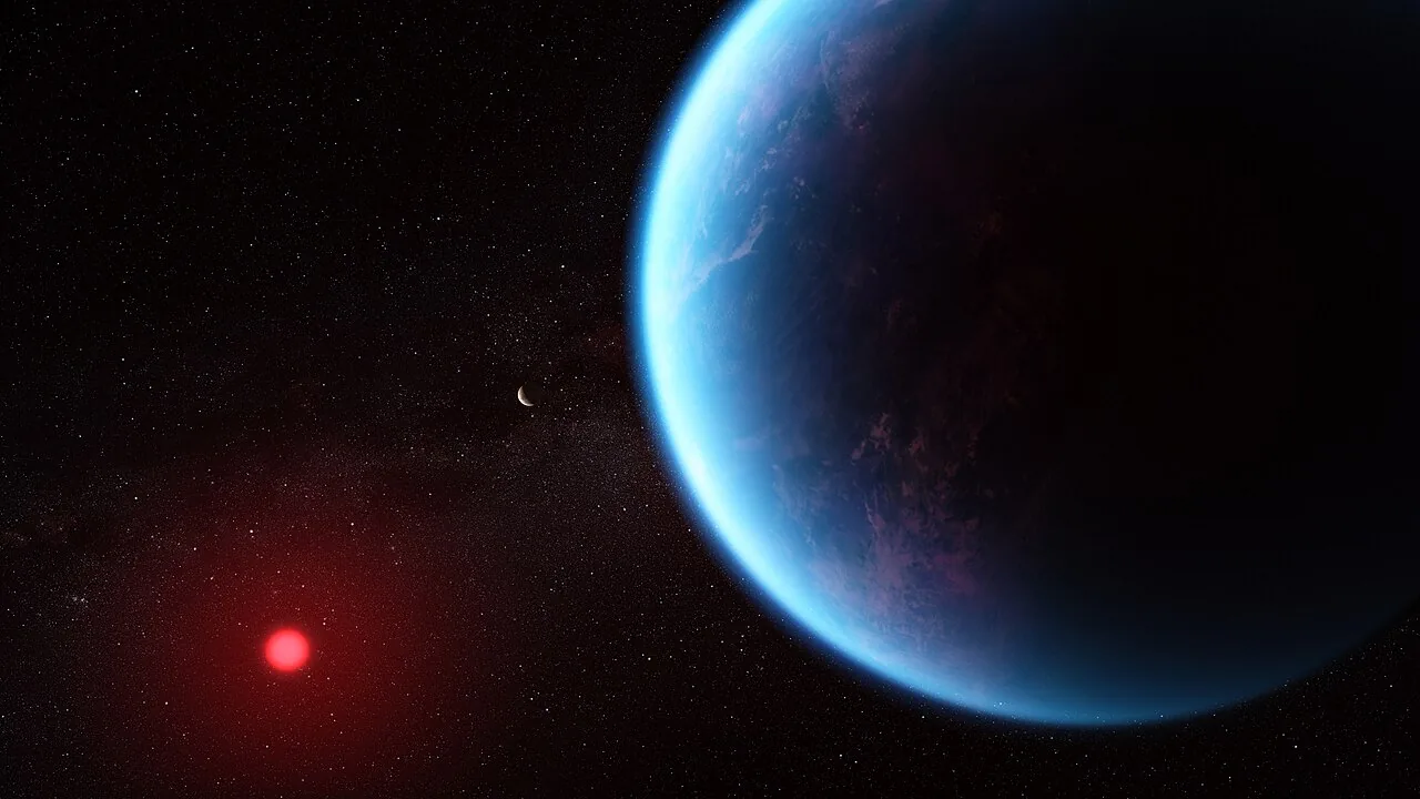 Artist illustration of a large blue-and-purple planet filling the right of the frame, with a small red star and a tiny moon-like crescent in a starry sky