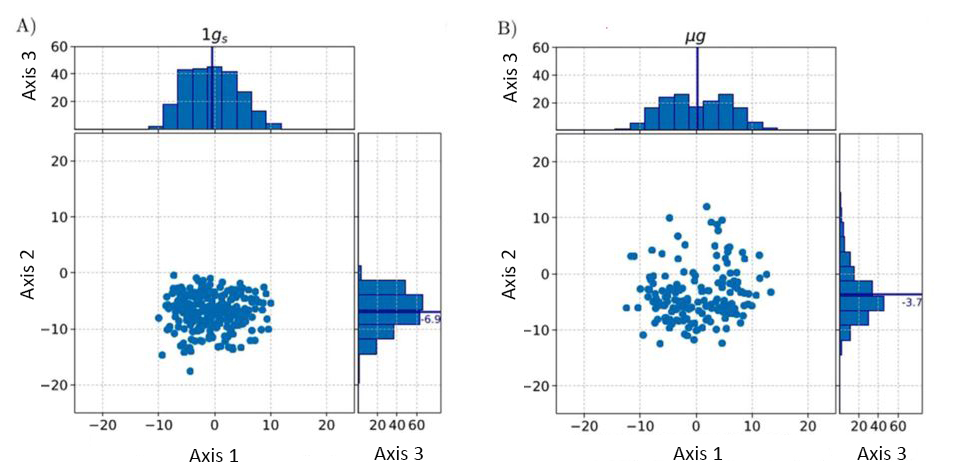 Two scatter-plot panels (A: 1g, B: microgravity), each with a main scatter (x-axis = statocyte transverse position µm, y-axis = statocyte longitudinal position µm) plus marginal histograms (Axis 3 = count). Panel A (1g): points tightly clustered around a mean near (0, -6.9), with a narrow, unimodal transverse histogram. Panel B (microgravity): points much more widely and evenly scattered, mean near (0, -3.7), with a flatter, more spread-out transverse histogram.