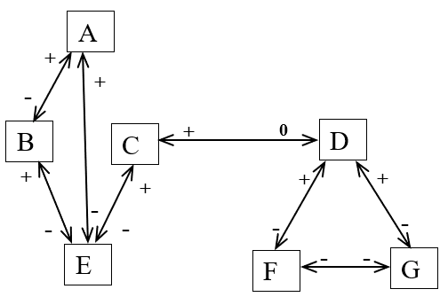 Network diagram of seven boxes (A-G) connected by labeled double-headed arrows: A↔B (+ near A, − near B), A↔E (+ near A, − near E), B↔E (+ near B, − near E), C↔E (+ near C, − near E), C↔D (0 at both ends), D↔F (+ near D, − near F), D↔G (+ near D, − near G), F↔G (− at both ends).