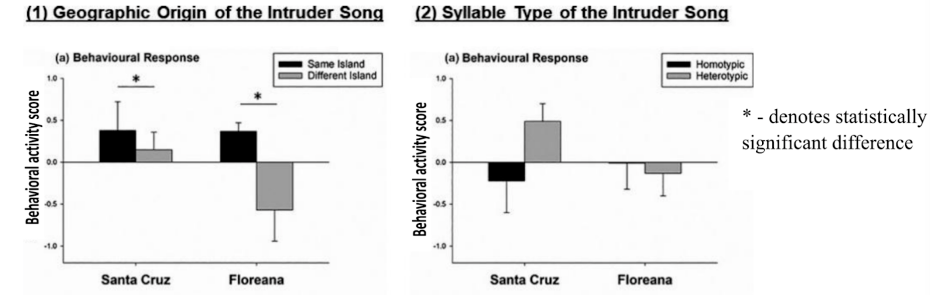 Two-panel bar chart. Panel (1): behavioral activity score in response to a same-island vs. different-island song, for Santa Cruz and Floreana birds; both populations show a statistically significant drop in response to different-island song. Panel (2): behavioral activity score in response to homotypic vs. heterotypic syllables, for Santa Cruz and Floreana birds; neither population shows a statistically significant difference.