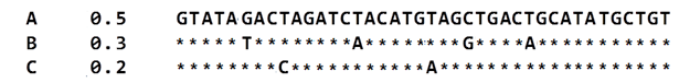 Table showing three alleles. Allele A (frequency 0.5) has the sequence GTATA GACTAGATCTACATGTAGCTGACTGCATATGCTGT. Allele B (frequency 0.3) differs from A at 4 positions. Allele C (frequency 0.2) differs from A at 2 positions.
