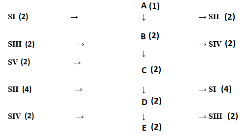 Lactic acid fermentation pathway diagram showing glucose to pyruvate to lactate, with substances SI through SV at various steps