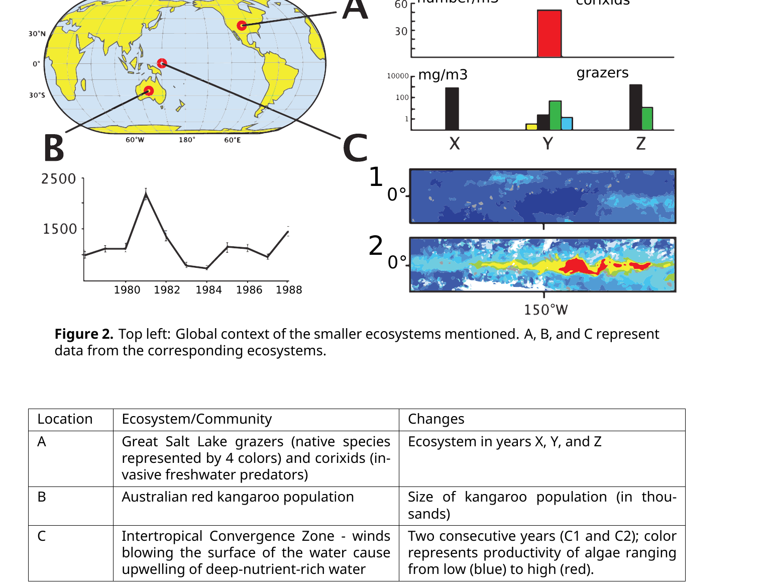 Panel A: world map marking three ecosystem locations (A: Great Salt Lake, USA; B: Australia; C: equatorial Pacific near 150°W). Panel B: line graph of Australian red kangaroo population size (thousands) from 1979-1988, peaking sharply around 1981 and rising again in 1988. Panel C: two satellite-style strips of the equatorial Pacific at 0°, C1 showing high productivity (yellow/red) and C2 showing low productivity (blue), plus bar charts of corixids and four grazer taxa in years X, Y, and Z at the Great Salt Lake.