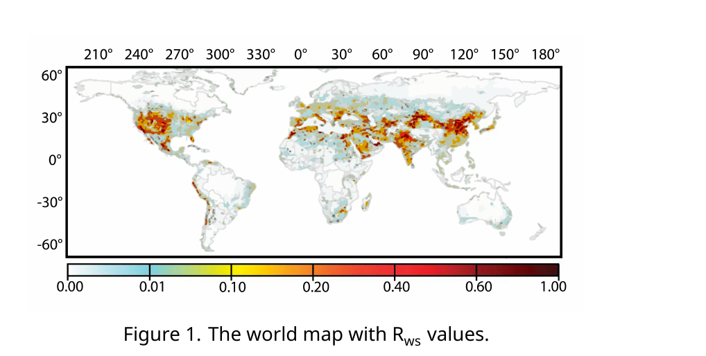 World map colored by water scarcity index (Rws) value from 0.00 (white) to 1.00 (dark red), with the highest values concentrated in the western USA, the Middle East, South/Central Asia, and eastern China.
