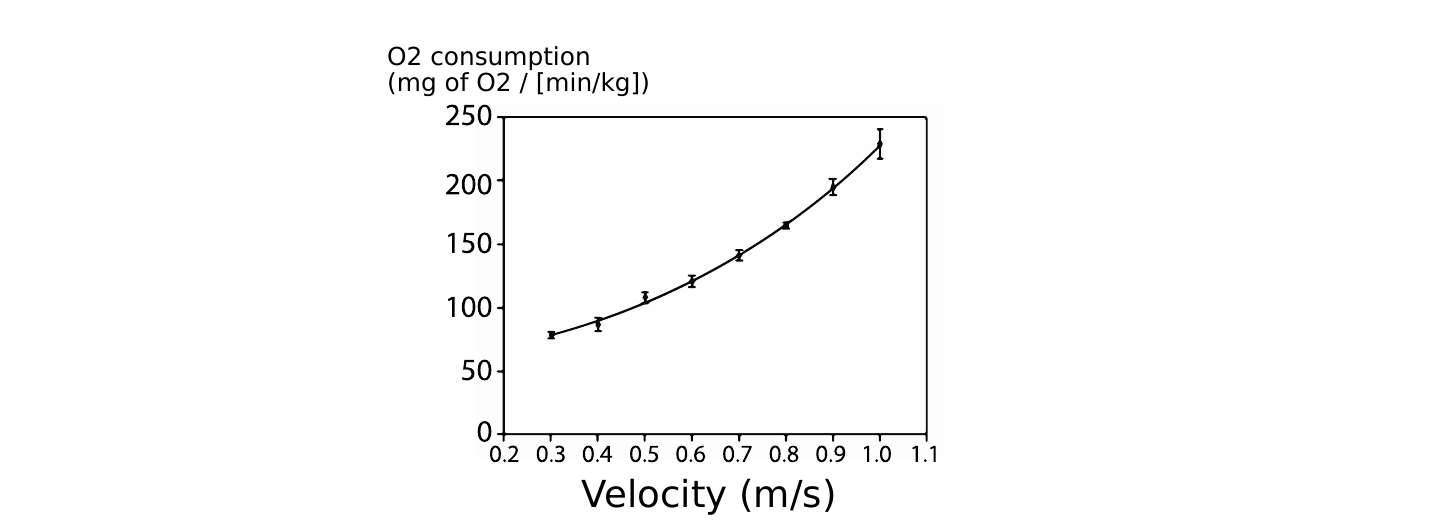 Graph of oxygen consumption versus swimming velocity for a cod, alongside the quadratic trendline equation for cost of transport with its fitted coefficients.