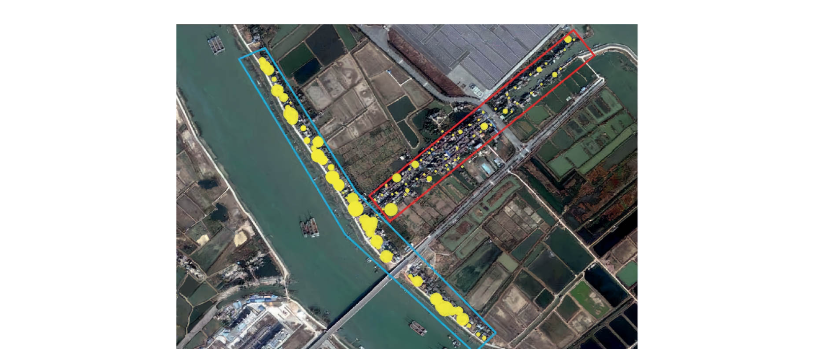 A satellite/aerial photo with a red polygon marking the experimental release site and a blue polygon marking the control site, overlaid with yellow circles of varying size marking hatched-egg counts.