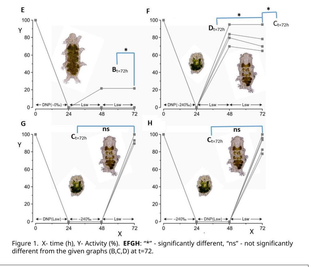 Four-panel figure (E–H) continuing the tardigrade activity-level time course, testing DNP combined with different osmotic conditions, with significance markers ("*" significant, “ns” not significant) comparing each panel’s 72-hour activity level against the corresponding osmotic-only panels from Figure 1.