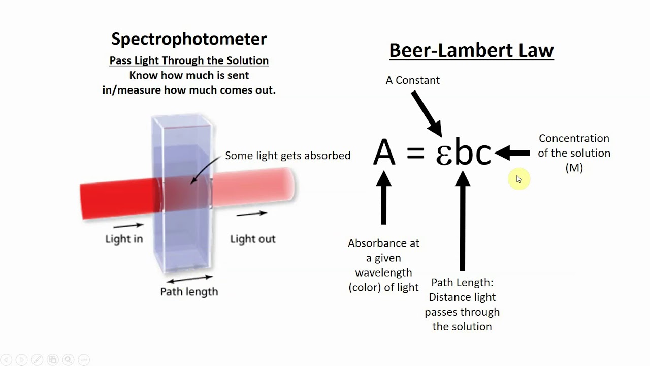 Beer-Lambert law: incident light I0 passes through a path length l of a solution at concentration c, emerging as transmitted light I