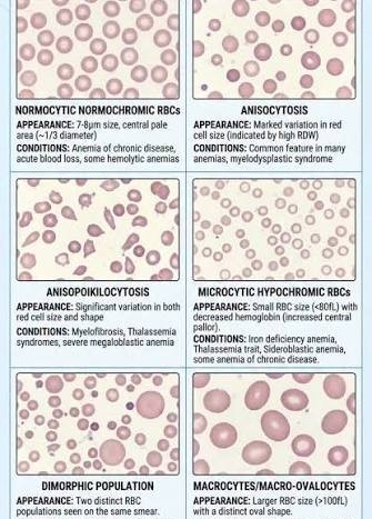 Blood smear comparison: normal-sized, well-haemoglobinised red cells alongside microcytic hypochromic cells and macrocytic cells from different anaemia types