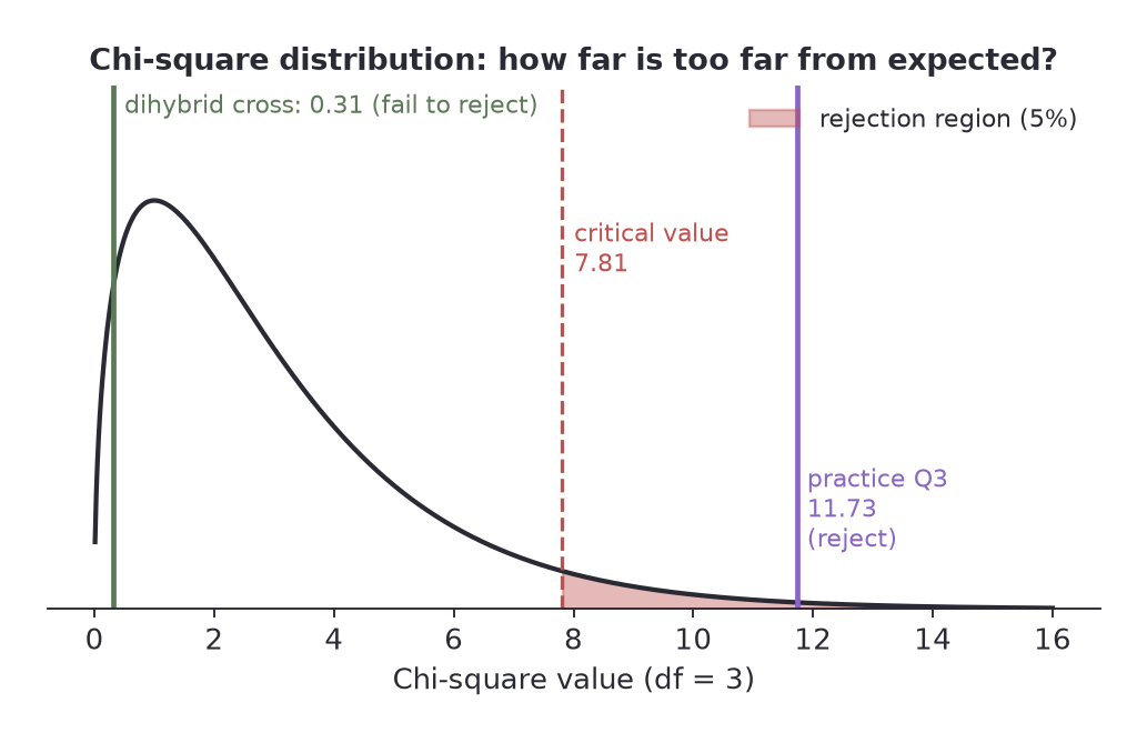 The chi-square distribution for 3 degrees of freedom with the 5% rejection region beyond 7.81 and two example results marked