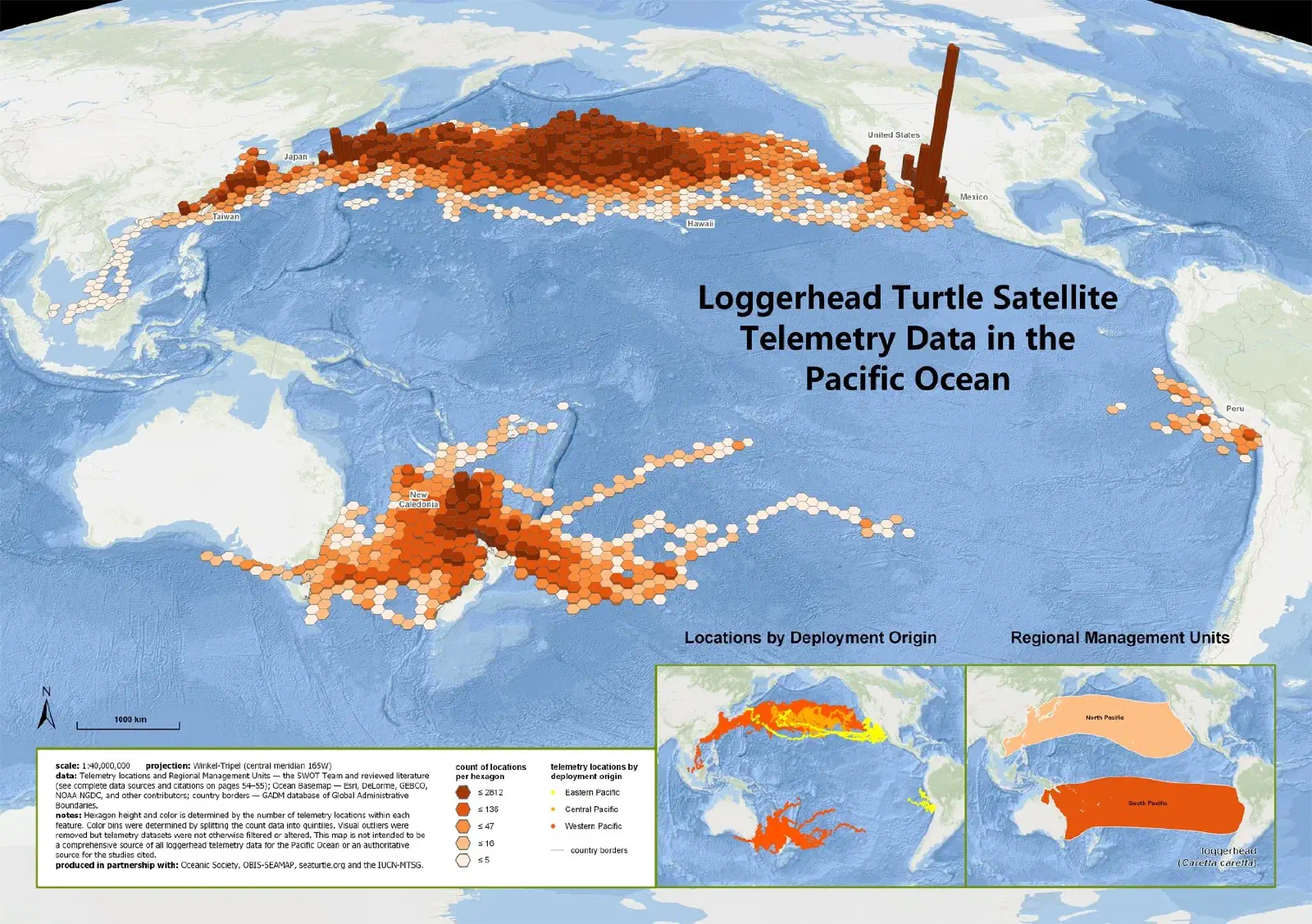Map of loggerhead sea turtle satellite telemetry locations across the Pacific Ocean, density-shaded by hexagon, spanning from Japan/Taiwan across to the western United States/Mexico and a separate cluster around New Caledonia/Australia.